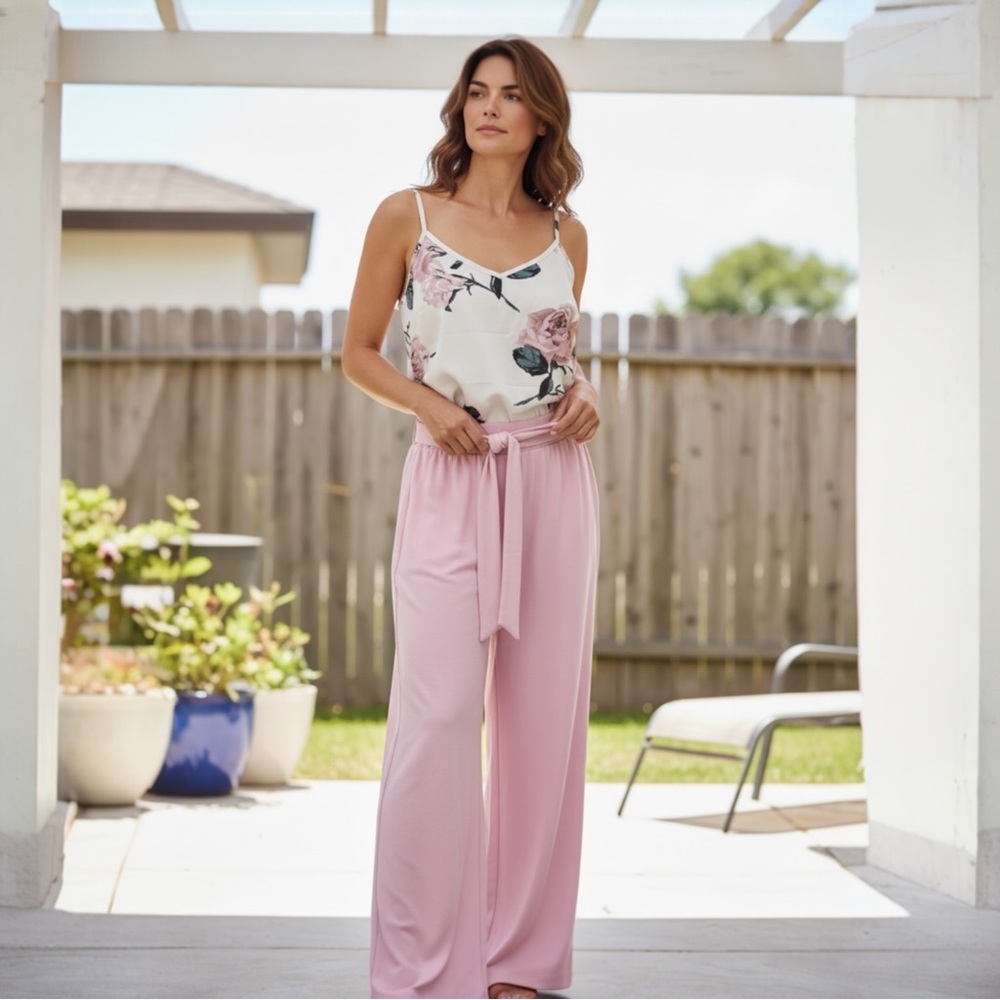 SHEIN Floral Print Top Wide-Leg and high Waist Palazzo Pants with tie belt Set